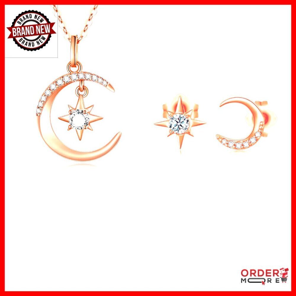 14k Rose Gold Moon Star Necklace Earrings Set Fine Jewelry